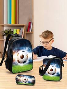 3pcs Boys' Cartoon Printed Polyester Backpack Set, Large Capacity, Zipper Closure, Suitable For School - Black and White - View 1