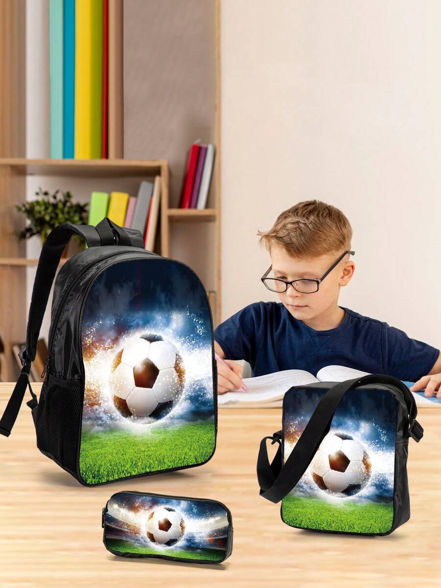 3pcs Boys' Cartoon Printed Polyester Backpack Set, Large Capacity, Zipper Closure, Suitable For School - Black and White - View 1