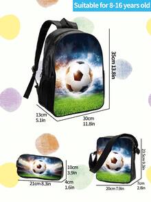 3pcs Boys' Cartoon Printed Polyester Backpack Set, Large Capacity, Zipper Closure, Suitable For School - Black and White - View 2