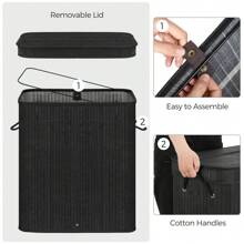 SONGMICS 带盖洗衣篮，竹制洗衣篮，脏衣服篮，可拆卸机洗洗衣篮，带手柄，26.4 加仑，适用于洗衣房、卧室、浴室，21.5 英寸深 X 13.6 英寸宽 X 24 英寸高洗衣篮、洗衣篮、浴室收纳篮、篮子、储物篮、可折叠洗衣篮 - 黑色 - 查看 5