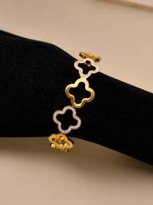1pc Stainless Steel 18k Gold & Cubic Zirconia Hollow Out Lucky Clover Bangle With Spring Clasp, Suitable For Women As Festival Gift Valentines