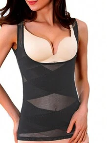 1pc Women Sheer Camisole With Chest Gathers, Tummy Control, Waist Cincher And Overall Body Shaping Effect