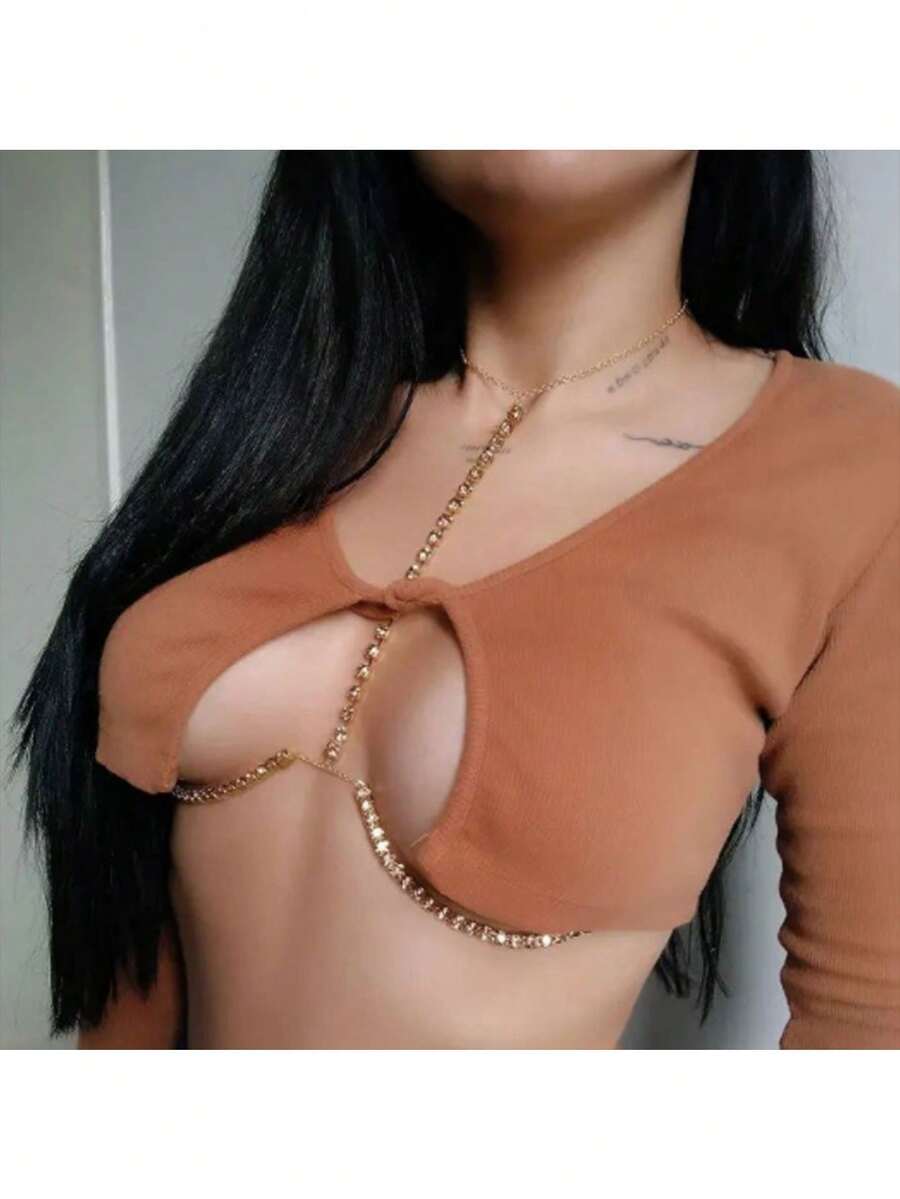 1個女士鑲嵌鑽石的胸部鏈,夜總會服裝配件 - 金色 - 查看 1