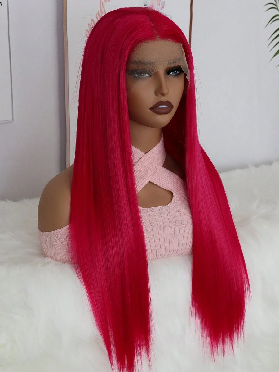 13*4超柔軟熱粉色合成纖維蕾絲前套假髮,時尚平滑長直蕾絲前套假髮,24英寸自然髮線預植 - 紅色 - 查看 1