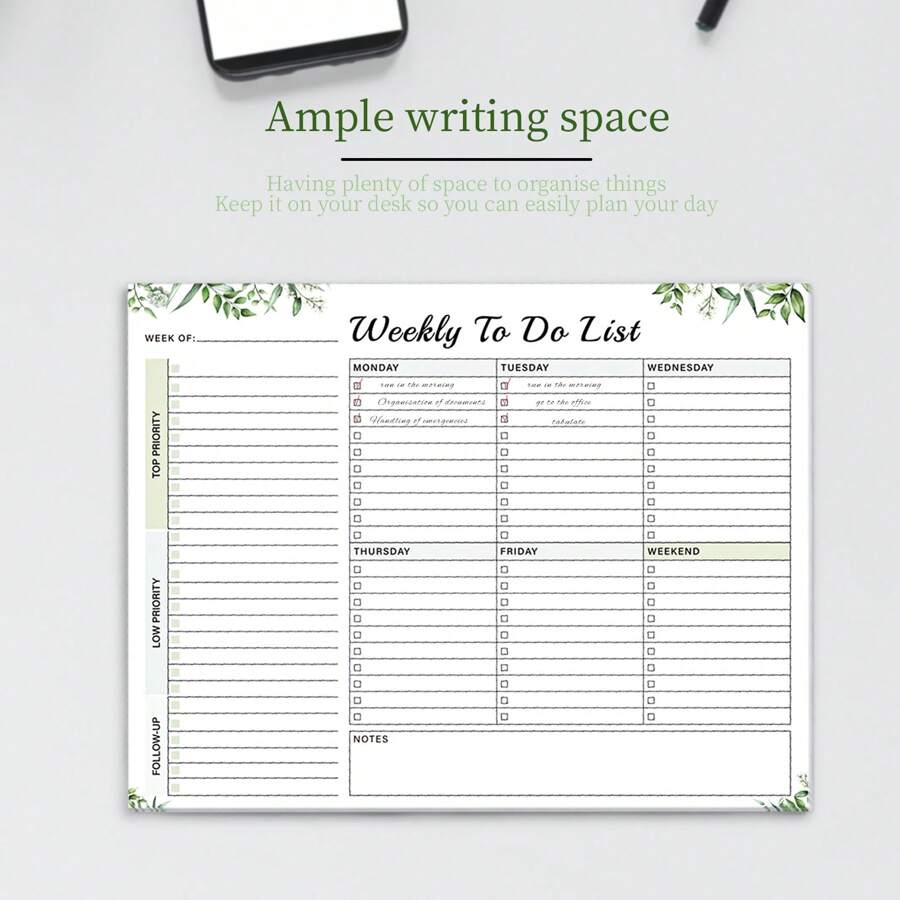 Undated Weekly Planner  Daily Planner To Do List Task Checklist Weekly Planner Monthly Planner For Schools, Offices, And Homes. Organize Tasks To Increase Productivity - Green - View 1
