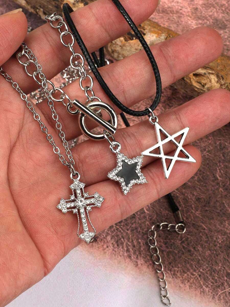 3pcs Sweet Cool Style Gothic/Cosplay/Cyberpunk Black Rhinestone Cross/Star Pendant Choker Necklace Set For Women - Silver - View 1