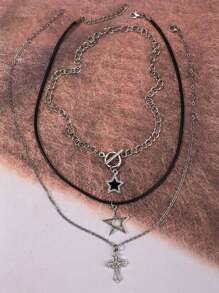 3pcs Sweet Cool Style Gothic/Cosplay/Cyberpunk Black Rhinestone Cross/Star Pendant Choker Necklace Set For Women - Silver - View 6