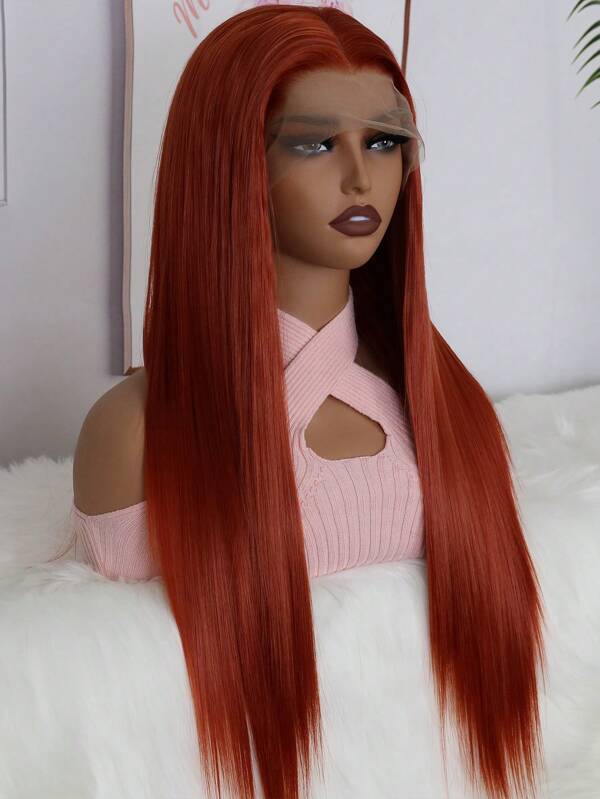 13*4 Copper Red Synthetic Lace Front Wig For Women Long Straight Super