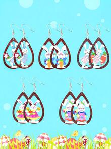 1pair Easter Wooden Tear Drop Shape Animal Cut-Out Earrings With Cartoon Flowers, Colored Easter Eggs, Carrot Patterned Apron, And Printed Rabbit Design Earrings. A Festive Seasonal Gift For Girlfriend To Be Worn In Parties And Street Activities. - Multicolor - View 12