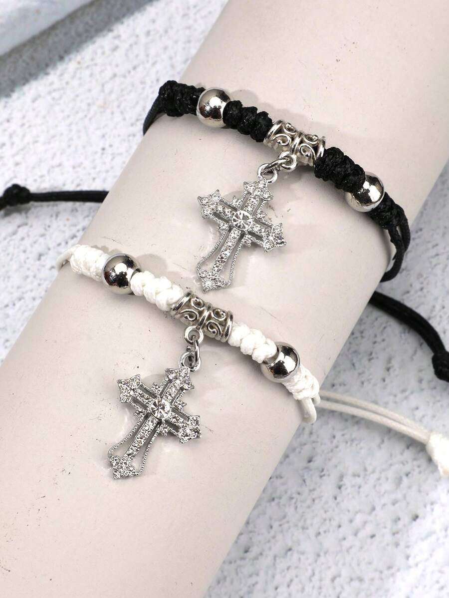 2 件时尚创意 Ins 风格黑白情侣手链，带和水钻装饰，手工编织绳首饰套装，适合情人节，男士手链女士手链情侣手链，妈妈，母亲，母亲节，礼物