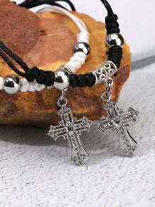 2 件时尚创意 Ins 风格黑白情侣手链，带和水钻装饰，手工编织绳首饰套装，适合情人节，男士手链女士手链情侣手链，妈妈，母亲，母亲节，礼物