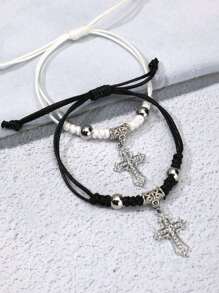 2 件时尚创意 Ins 风格黑白情侣手链，带和水钻装饰，手工编织绳首饰套装，适合情人节，男士手链女士手链情侣手链，妈妈，母亲，母亲节，礼物