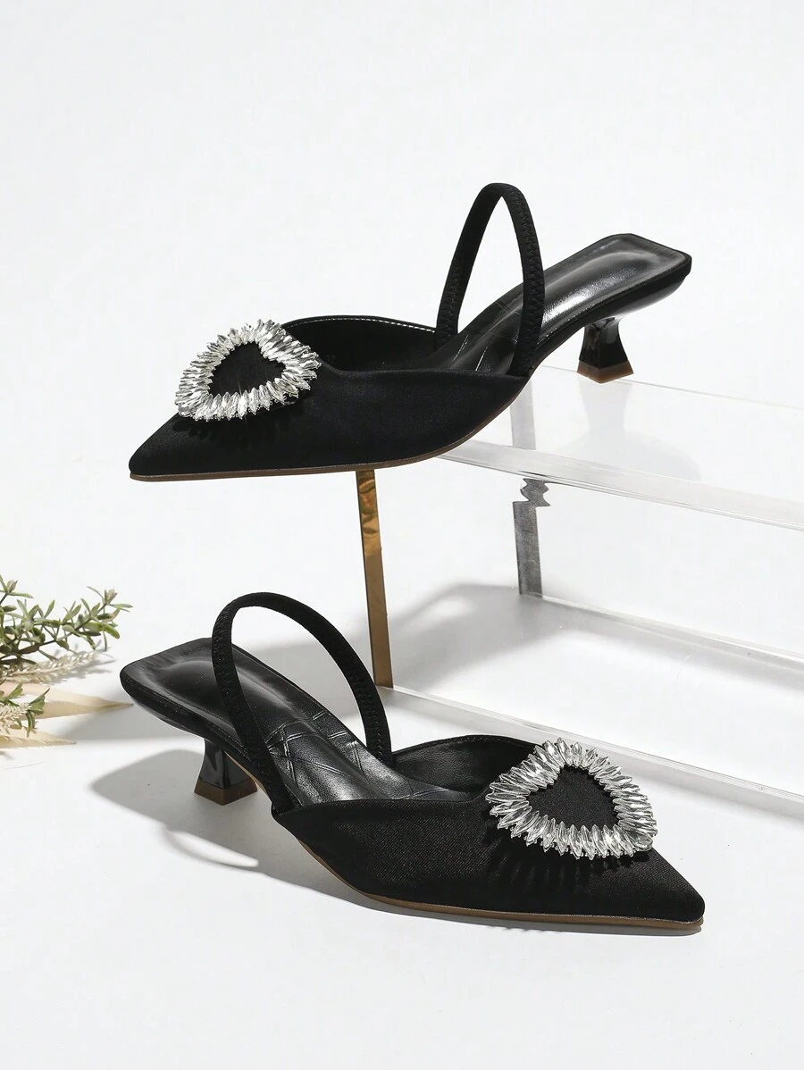 女士優雅水晶鑲嵌尖頭涼鞋,帶踝帶和低跟 - 黑色 - 查看 1