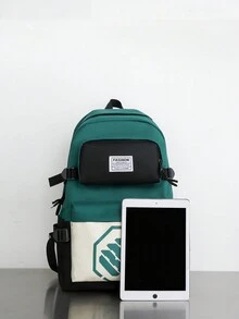 4pcs/Set Student Backpack Combination Bag, Ins Campus Backpack For Girls And Boys, Casual Color Block Shoulder Bag, Minimalist Water Resistant Crossbody Bag, Solid Color Pencil Case - Green - View 6