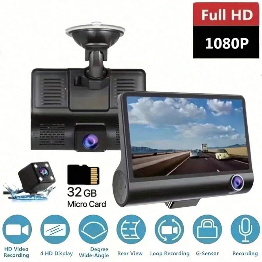車載 Dvr 3 攝影機 3.8 吋行車記錄器汽車錄影機自動註冊器 Dvr 行車記錄器附 3 路攝影機,適用於各種車型 - 黑色 - 查看 1