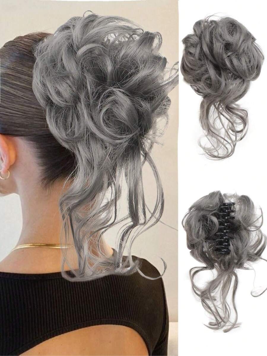 Messy Chignon Bun Hair Piece Claw Clip Curly Wavy Faux Hair Bun Tousled Updo Hair Extensions Buns Hairpieces For Women - Dark Grey - View 1