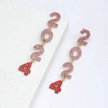 1pair Luxurious Dazzling Rhinestone Number Shaped Earrings, Suitable For Daily Wear And Fashionable Dressing - Hot Pink - View 5