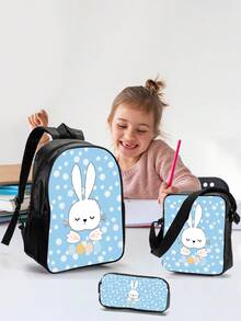 3pcs/Set Lovely Printed Polyester Shoulder Bag/Pencil Case Zipper Closure Casual Combination Bag For Girls, Great For School/Travel - Blue - View 1