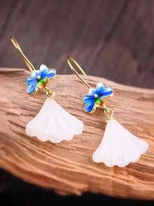 1對優雅的拼裝和玉珠設計的琺瑯&葉子&花紋式挂針耳環,適合日常佩戴和作為禮物 - 裙子玉石耳環 - 查看 6