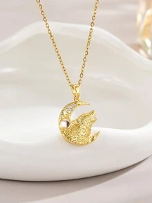 1入優雅狼頭吊墜不鏽鋼女士頸鍊,適合日常穿戴 - 金色 - 查看 2