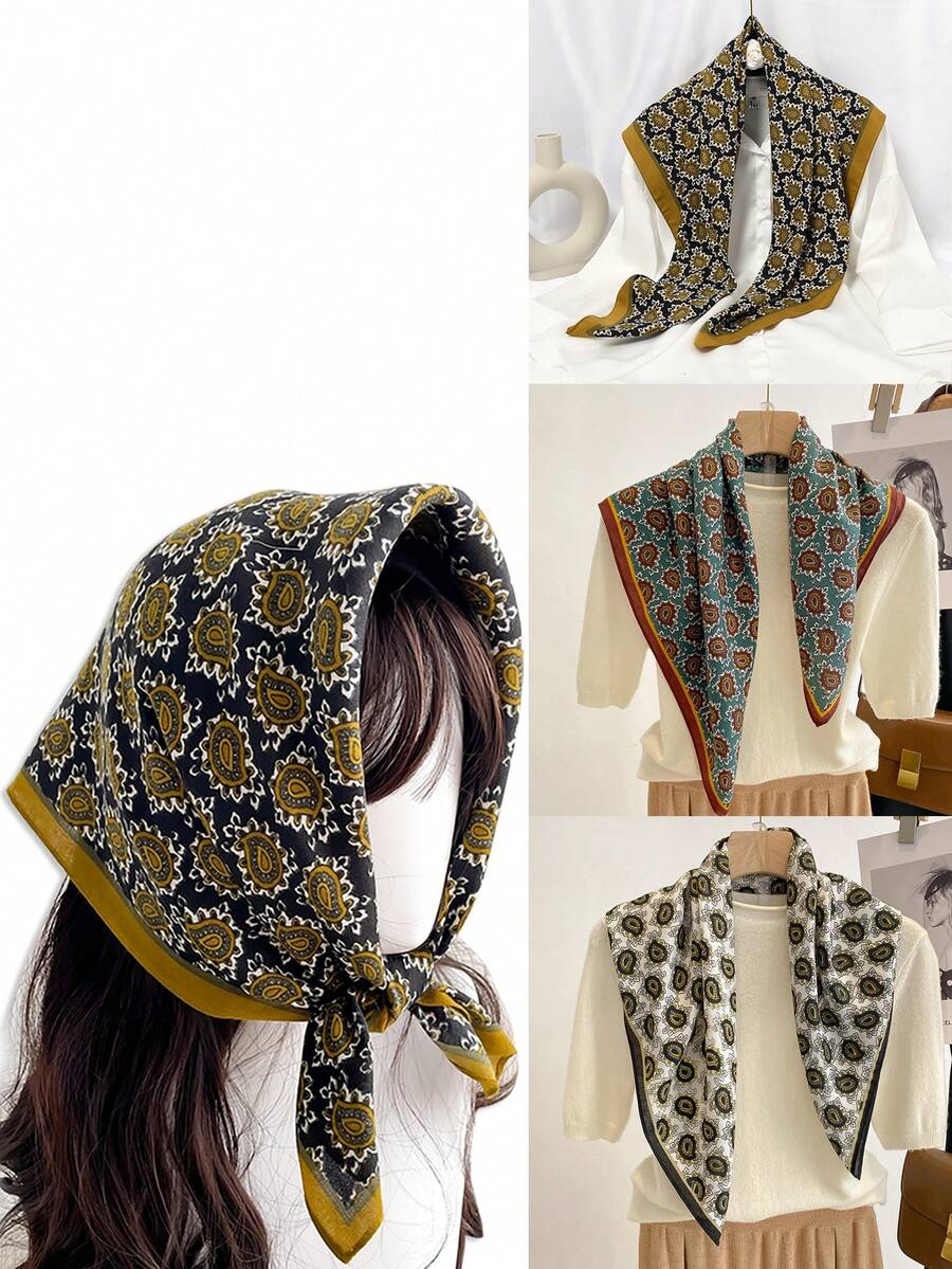 1入組印有花呢圖案的女士圍巾，65*65厘米薄格紋天鵝絨方巾，春秋時尚頸巾頭巾真絲圍巾髮箍，旅遊度假戶外防曬披肩多功能圍巾 - 彩色 - 查看 1