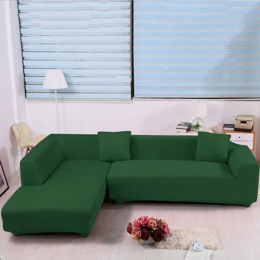TOPCHANCES Stretch L-Shaped Sofa Slipcovers, Sectional Sofa Covers Corner Sofa Slipcover Furniture Protector With 2 Pieces Pillowcase For 3 Seater + 3 Seater Corner Sofa - 墨綠色 - 查看 1