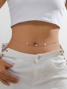 1入組最新歐美風格假珍珠連鎖腰帶,女士腰帶 - 金色 - 查看 4