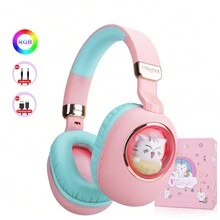 1個可愛的卡通貓無線耳罩耳機,帶led燈、麥克風,是女孩返校和旅行的理想禮物 - 粉紅藍 - 查看 1