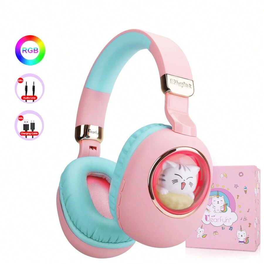 1個可愛的卡通貓無線耳罩耳機,帶led燈、麥克風,是女孩返校和旅行的理想禮物 - 粉紅藍 - 查看 1
