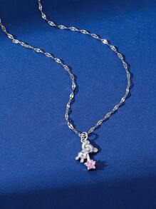 1pc European & American Style Classic Three Color Options Copper Teddy Bear Pendant With Stainless Steel Chain Necklace, Suitable For Women's Daily Wear - Pink - View 4