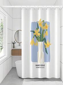1pc Cartoon Flower Pattern Printed Shower Curtain Dunlop, Waterproof Polyester Bathroom Divider Curtain With Hooks, Multifunctional Door Curtain For Kitchen, Bedroom, Living Room - Multicolor - View 1