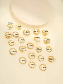 17KM 23pcs Fashionable Vintage Eye, Faux Pearl, Rhinestone, Crescent, Cross, Leaf, Hand Multiple Elements Ring Set For Party, Dating, Gift, Daily Wear - Yellow Gold - View 4