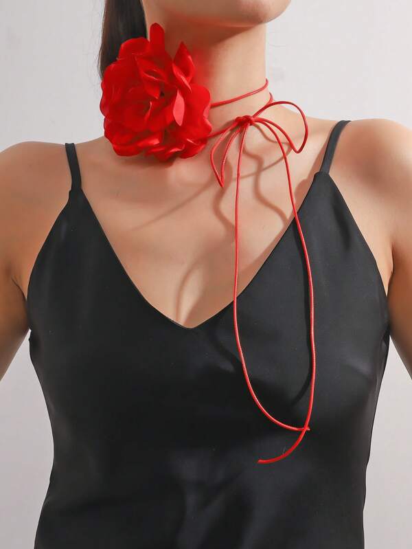 1pc Red Floral Bow Tie Collar Necklace For Women's Party Valentines,Mom,Mother,Mother's Day,Gift