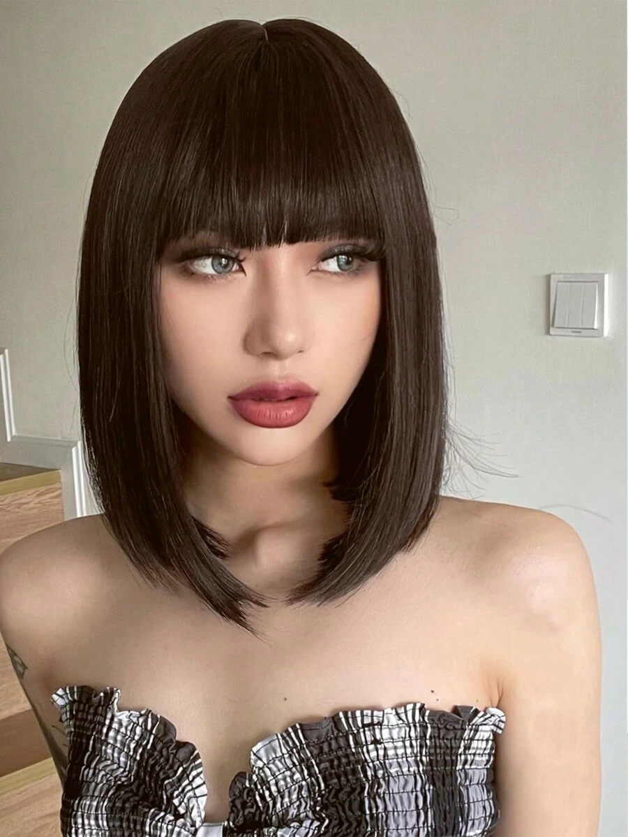 摩卡棕色短发帶瀏海娃娃頭假髮, 12英寸短髮造型不需膠帶, 合成短髮假髮可用於角色扮演派對