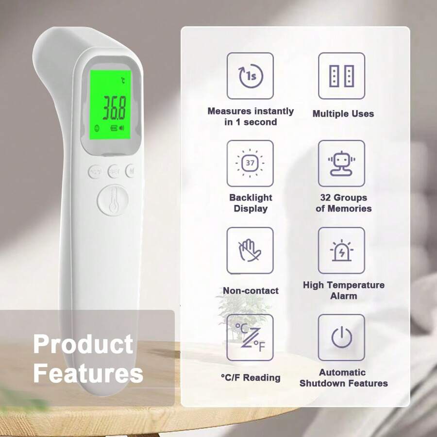 1 Pc Thermometer For Multiple Uses | For Adults And Baby, Thermometer For Fever With 1 Seconds Fast Reading | High Temperature Warning | 32 Sets Memory | Non-Contact |