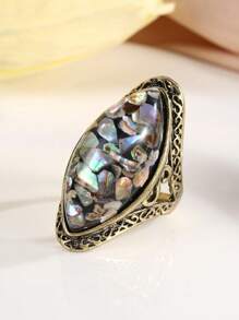 1pc Vintage Elegant Antique Copper Color Iridescent Carved Shell Pattern Ring For Women - Multicolor - View 4