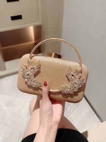 Women's Fashionable Glittering Rhinestone Box Clutch With Round Metal Bracelet Design For Evening Party, Formal Dress, Ball, Prom, Wedding, Handbag - Rose Gold - View 3