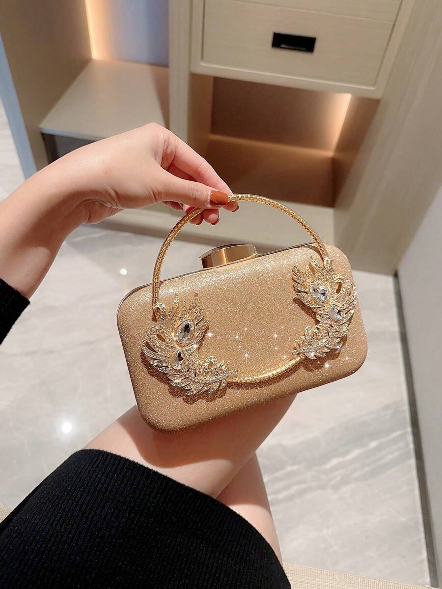 Women's Fashionable Glittering Rhinestone Box Clutch With Round Metal Bracelet Design For Evening Party, Formal Dress, Ball, Prom, Wedding, Handbag - Rose Gold - View 1