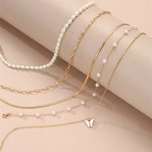 5pcs/Set Simple Pearl & Butterfly Pendant Necklace Set With High-End Design, Suitable For Daily And Commuting Wear