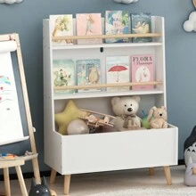 Kids Bookshelf, Wooden Bookcase, Toy Storage Cabinet Organizer, 2-Tiers Book Organizer With Storage Bin