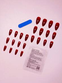 24 件中号杏仁色法式简约日常经典北欧现代简约勃艮第纯色光泽全覆盖假指甲套装，适合冬季日常装饰，立即提升您的外观 - 酒紅色 - 查看 3