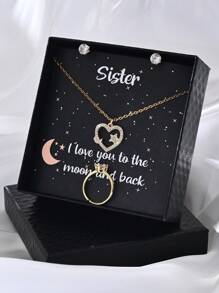 4 件金色時尚銅鑲嵌水鑽設計項鍊、戒指、耳環套裝帶星星、月亮、心形細節,包括賀卡,盒裝,情人節的理想禮物,情侶、姐妹、最好的朋友 - 金黃色 - 查看 10