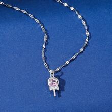 1pc Classic Four Colors Lollipop & Rhinestone Designed Copper Pendant Stainless Steel Chain Necklace, Suitable For Women'S Daily Wear - Pink - View 11