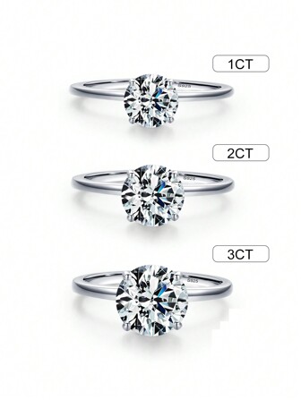 1 pieza Anillo de plata de ley 925 con circonita cúbica redonda brillante, disponible en 1 quilate, 2 quilates o 3 quilates, joya de compromiso y boda para mujer, regalo de joyería nupcial