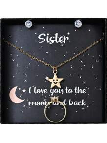 4 件金色時尚銅鑲嵌水鑽設計項鍊、戒指、耳環套裝帶星星、月亮、心形細節,包括賀卡,盒裝,情人節的理想禮物,情侶、姐妹、最好的朋友 - 金黃色 - 查看 16