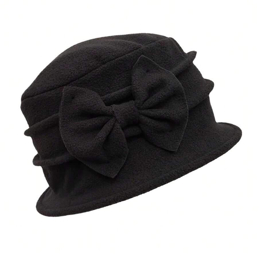 女士漁夫帽，法國復古花卉毛絨風琴葉帽，經典冬季1920年代桶帽，優雅的蝴蝶結 - 黑色 - 查看 1