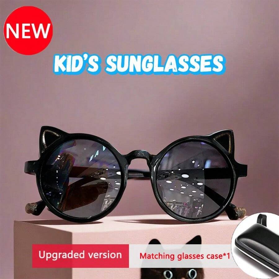 1PC 1 件儿童时尚眼镜，可爱猫耳，可爱款式，猫耳时尚眼镜，圆框眼镜，时尚潮流儿童眼镜，适合户外玩耍、派对、聚会。送给儿童的礼物 - 黑色 - 查看 1