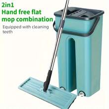 1套桶式拖把,雙手免摸拖把組合包,使用清潔桶,適用於客廳和臥室清潔 - 綠色 - 查看 1
