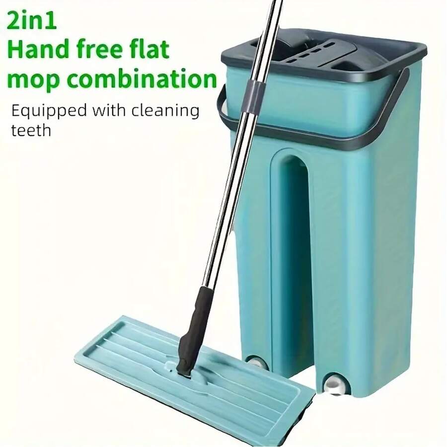 1套桶式拖把,雙手免摸拖把組合包,使用清潔桶,適用於客廳和臥室清潔 - 綠色 - 查看 1