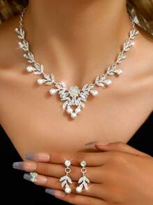 3 件套婚礼季女士首饰套装森林花朵仿珍珠水钻项链耳环套装新娘礼服配饰情人节 - 銀色 - 查看 13